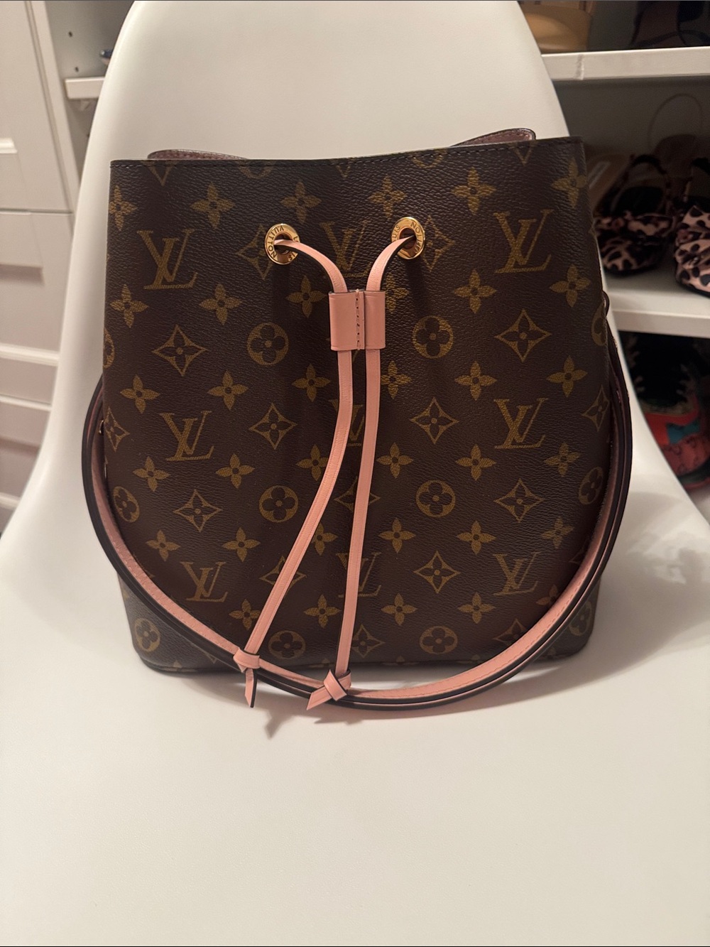 Louis Vuitton Brown Monogram Bucket Bag with Pink Trim